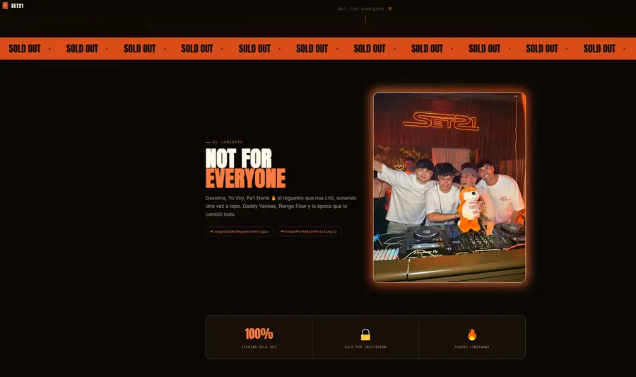 Home de la web de SET21, con la cinta de SOLD OUT y el concepto Not For Everyone